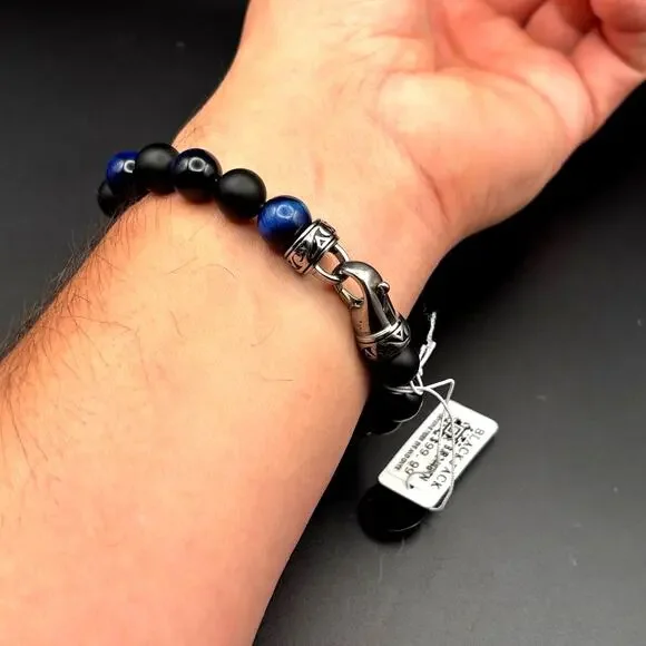 Blackjack BJB244BTN Men’s Blue Tiger Eye Onyx Beaded Bracelet 10mm NIBWT